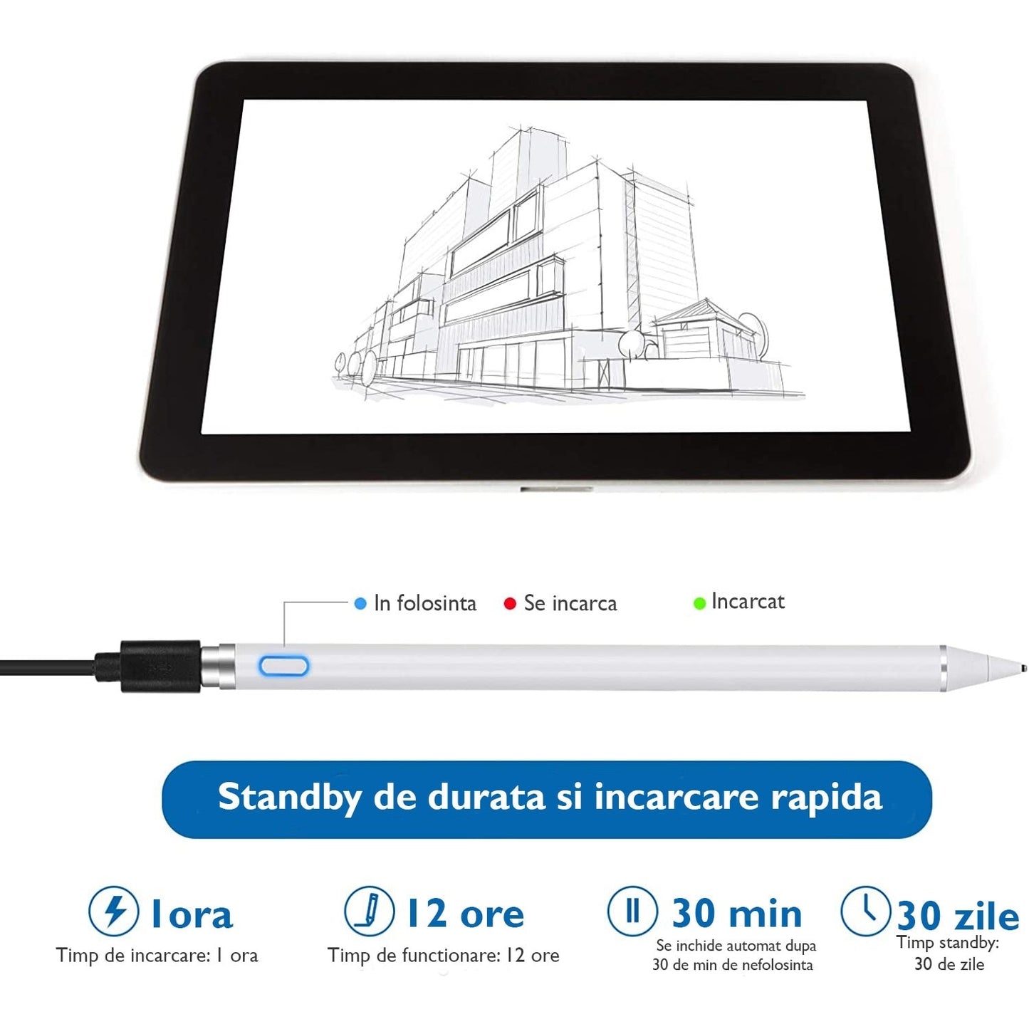 Stylus universal magnetic pentru tablete, alb, cu palmă rejectare