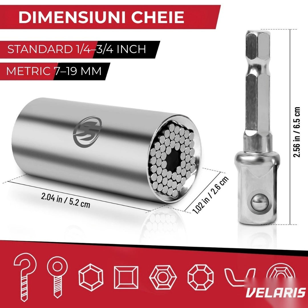 Adaptor cheie universală 7-19 mm, pini metal reglabili, oțel aliaj, pentru burghiu