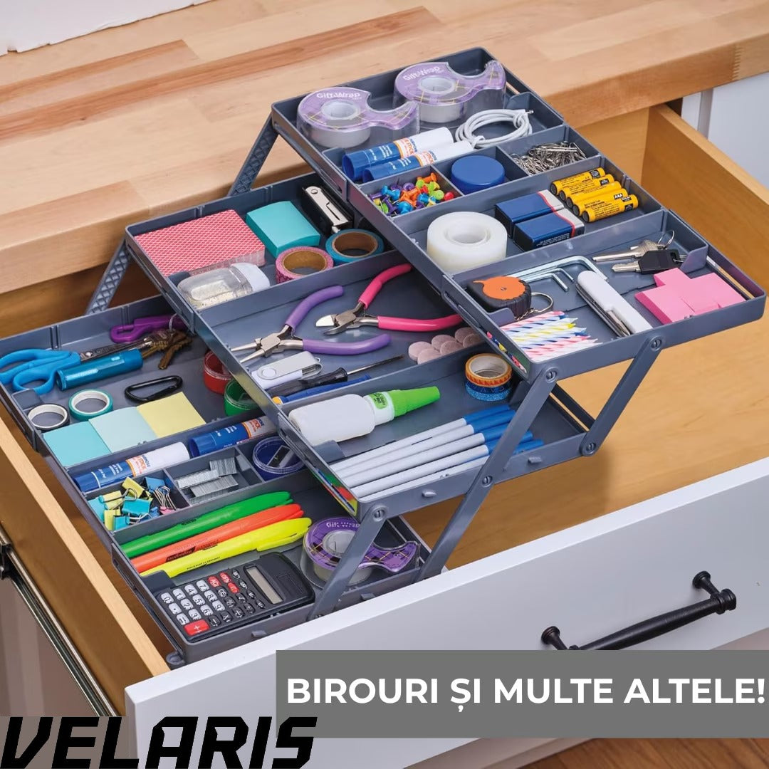 Organizator Sertar Extensibil pe 3 nivele pentru Bijuterii si Cosmetice, 24, 13 x 19, 05 x 6, 99 cm, Negru, Sistem Reglabil cu Compartimente