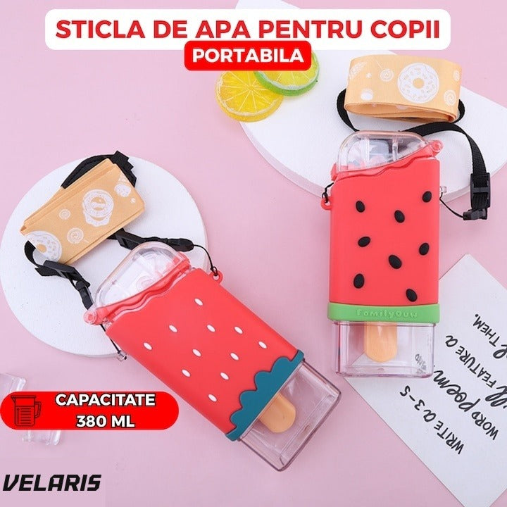 Sticlă de apă pentru copii, formă înghețată pepene, 300 ml, fără BPA, pai integrat, capac etanș, roșie