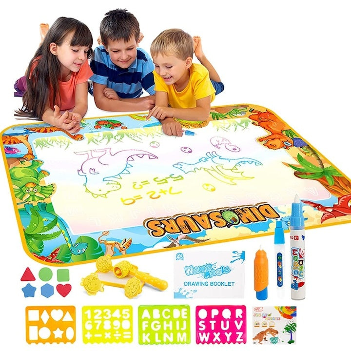 Saltea de desen cu apă dinozauri 100x70 cm set educativ markere șabloane timbre