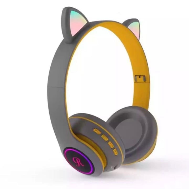 Căști wireless pliabile cu urechi de pisică, Bluetooth 5.0, HiFi, bass stereo, LED, gri