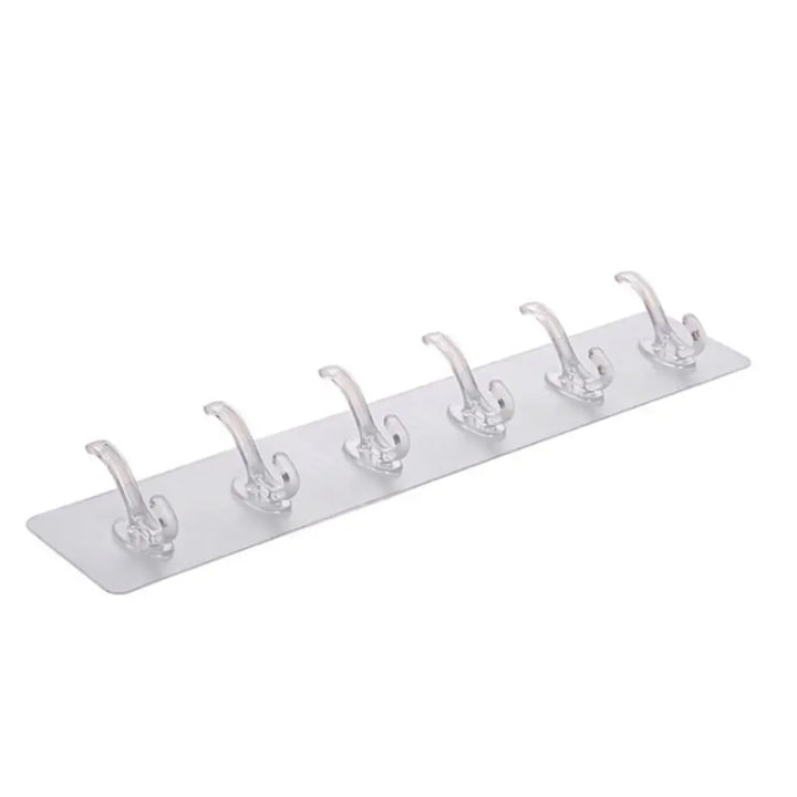Suport pentru Perete, 6 Carlige Adeziv Transparent, Plastic