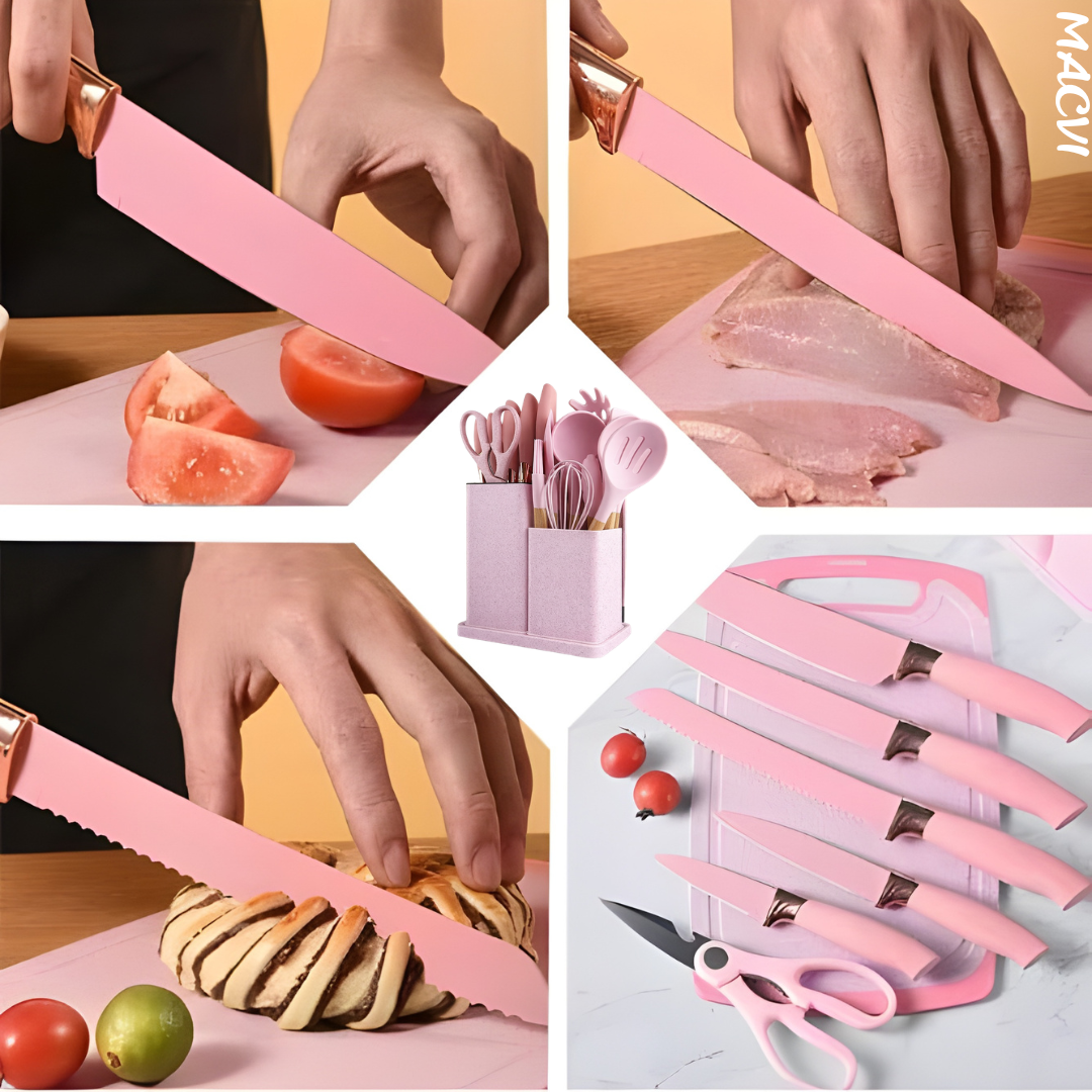 Set ustensile bucatarie silicon premium 19 piese cu suport organizare cutite tocator linguri spatule fara BPA rezistente la temperaturi ridicate, Roz