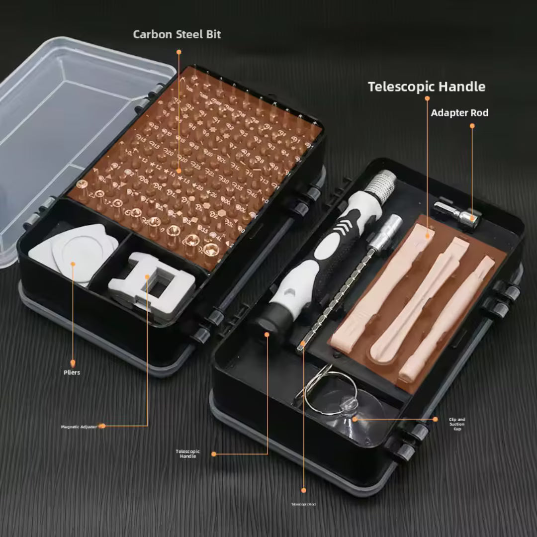 Set șurubelniță de precizie 115 in 1 cu 98 biti magnetici, kit profesional pentru telefoane și electronice