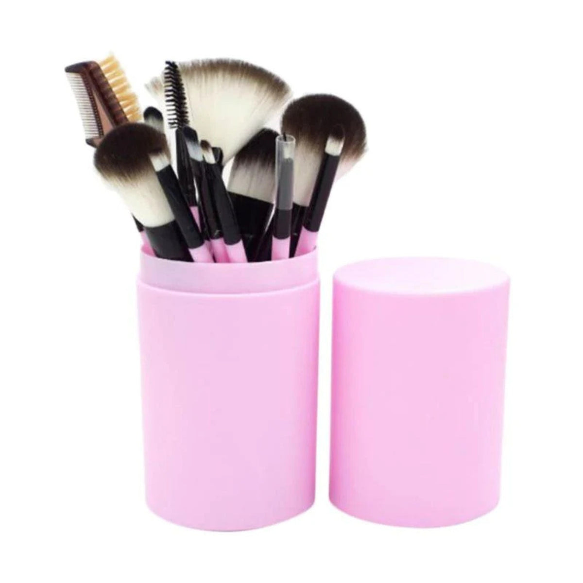 Set 12 pensule machiaj cu cutie depozitare, peri sintetici, design roz modern