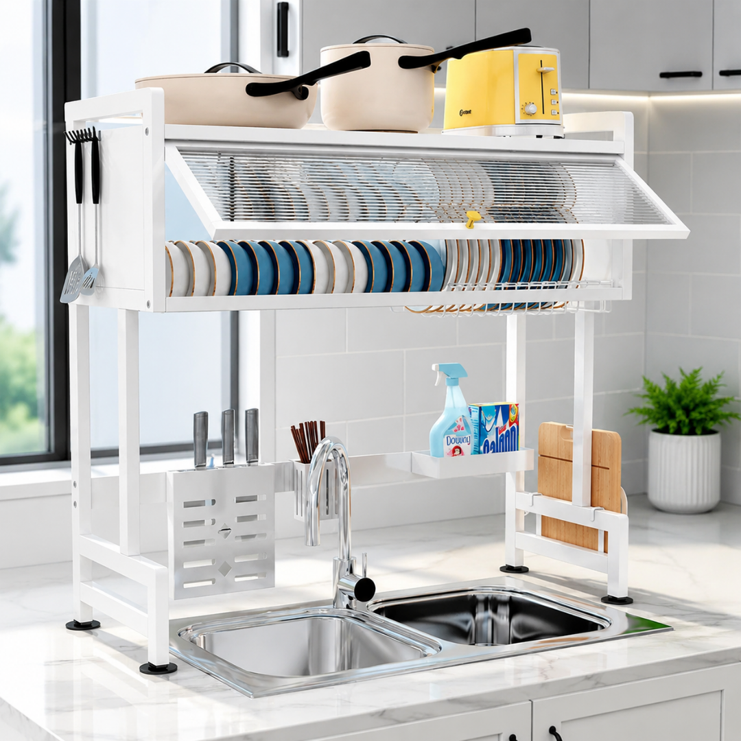Scurgator Vase deasupra Chiuvetei 105CM Alb, Raft Multifunctional cu 3 Niveluri, Suport Tacamuri si Cutite, Organizator Bucatarie din Inox cu Usi Rabatabile AntiPraf