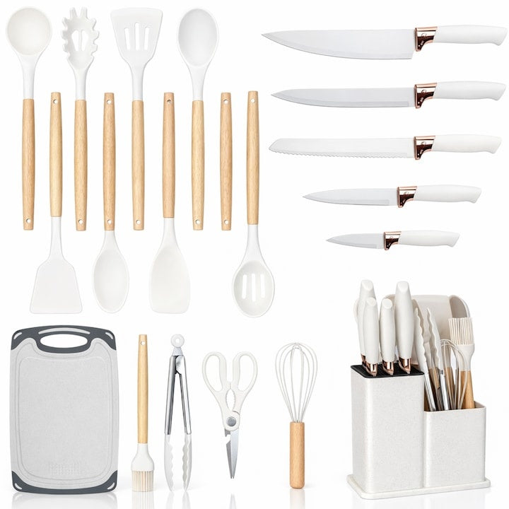 Set 19 ustensile de bucătărie silicon termorezistent și bambus, cuțite inox, suport organizator, Design Alb