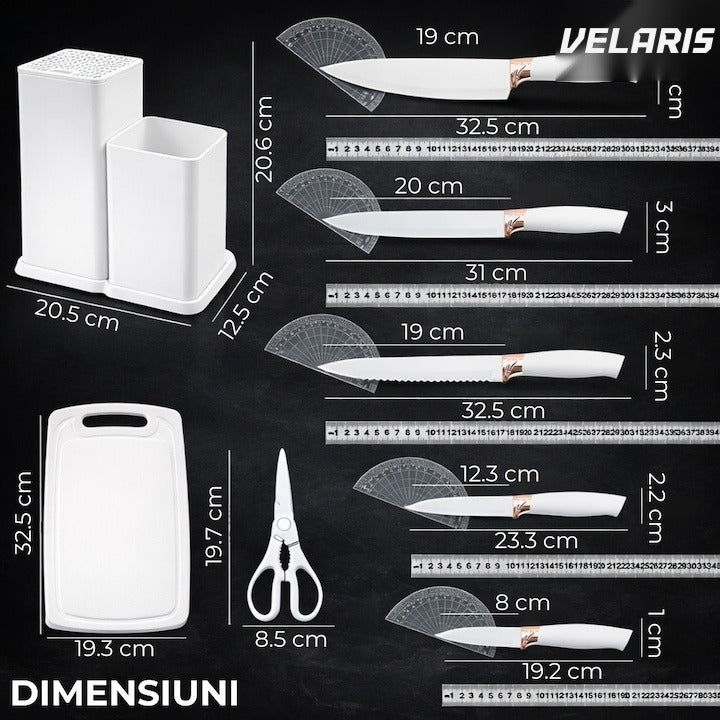 Set 19 ustensile de bucătărie silicon termorezistent și bambus, cuțite inox, suport organizator, Design Alb