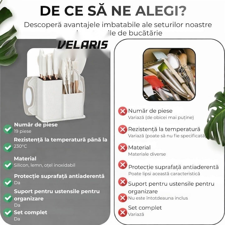 Set 19 ustensile de bucătărie silicon termorezistent și bambus, cuțite inox, suport organizator, Design Alb
