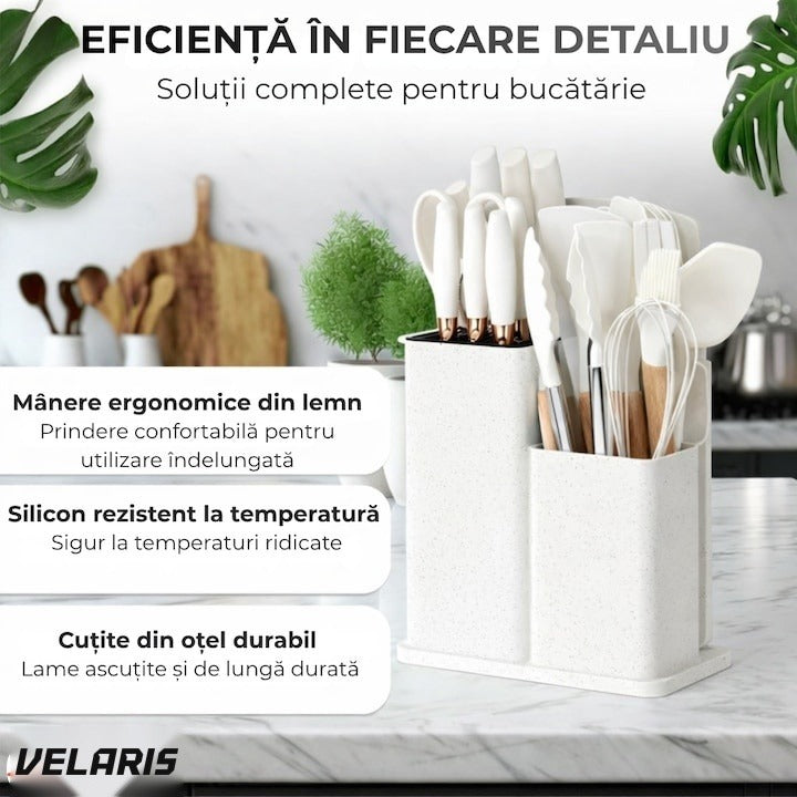 Set 19 ustensile de bucătărie silicon termorezistent și bambus, cuțite inox, suport organizator, Design Alb