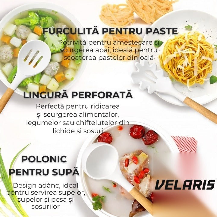 Set 19 ustensile de bucătărie silicon termorezistent și bambus, cuțite inox, suport organizator, Design Alb