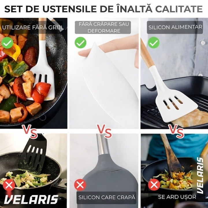 Set 19 ustensile de bucătărie silicon termorezistent și bambus, cuțite inox, suport organizator, Design Alb