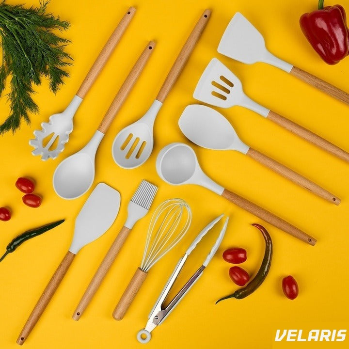Set 19 ustensile de bucătărie silicon termorezistent și bambus, cuțite inox, suport organizator, Design Alb