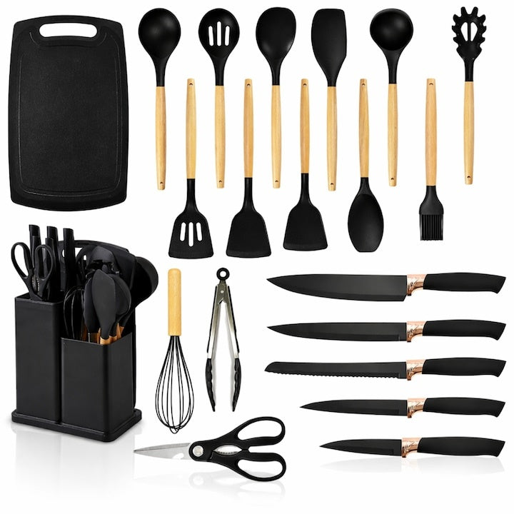 Set 19 ustensile de bucătărie silicon termorezistent și bambus, cuțite inox, suport organizator, Design Negru