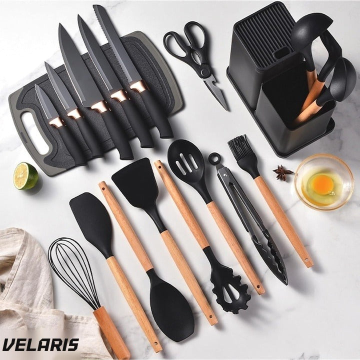 Set 19 ustensile de bucătărie silicon termorezistent și bambus, cuțite inox, suport organizator, Design Negru