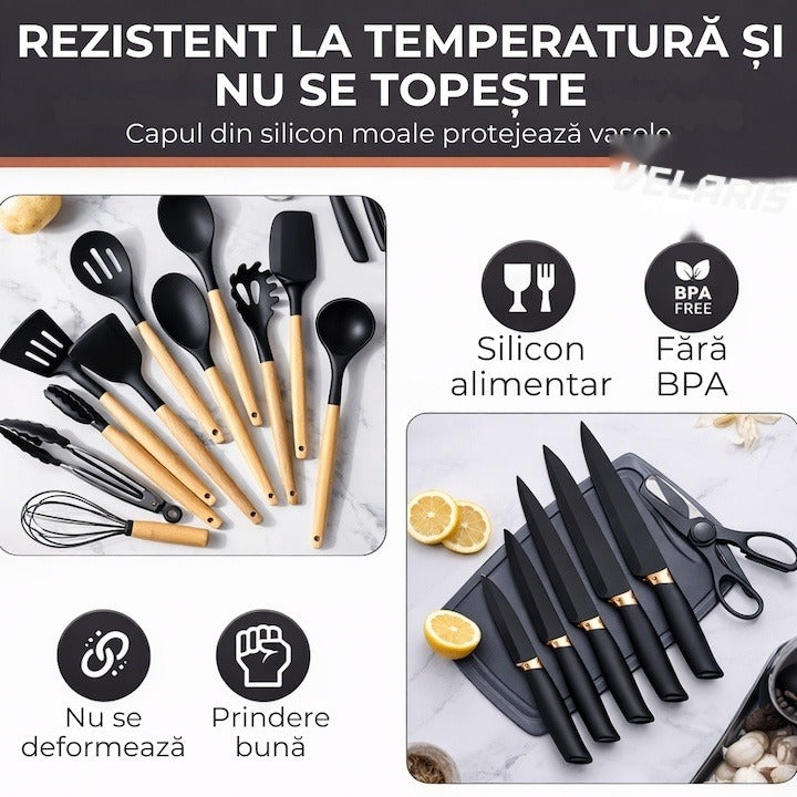 Set 19 ustensile de bucătărie silicon termorezistent și bambus, cuțite inox, suport organizator, Design Negru