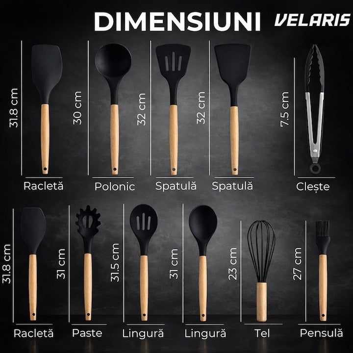 Set 19 ustensile de bucătărie silicon termorezistent și bambus, cuțite inox, suport organizator, Design Negru