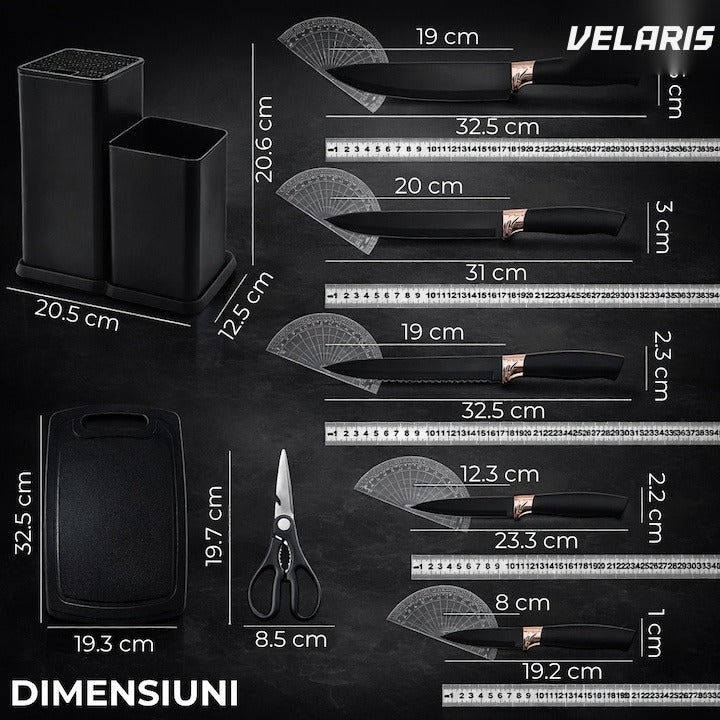 Set 19 ustensile de bucătărie silicon termorezistent și bambus, cuțite inox, suport organizator, Design Negru