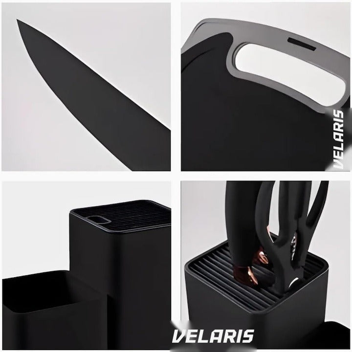 Set 19 ustensile de bucătărie silicon termorezistent și bambus, cuțite inox, suport organizator, Design Negru