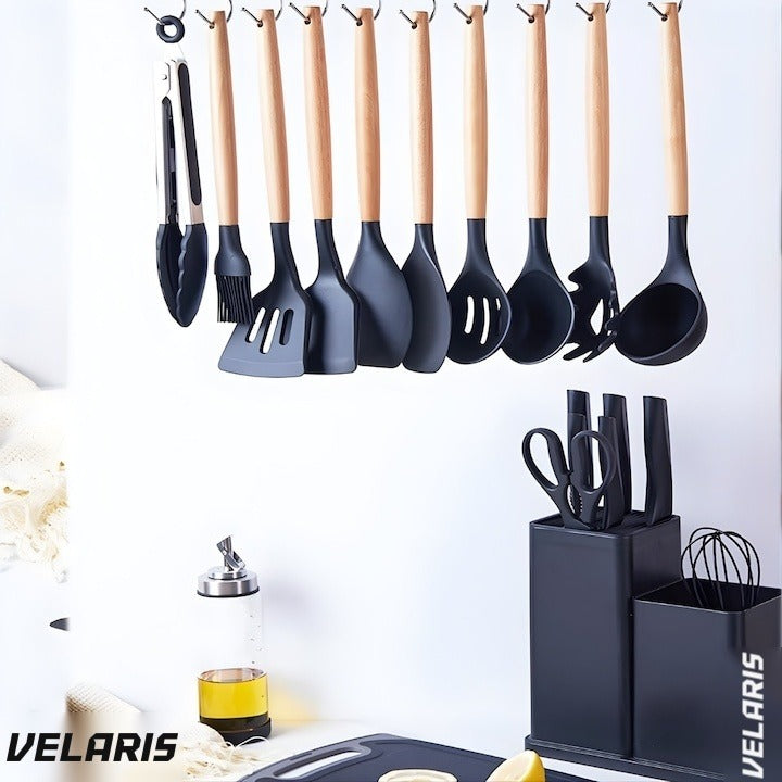 Set 19 ustensile de bucătărie silicon termorezistent și bambus, cuțite inox, suport organizator, Design Negru