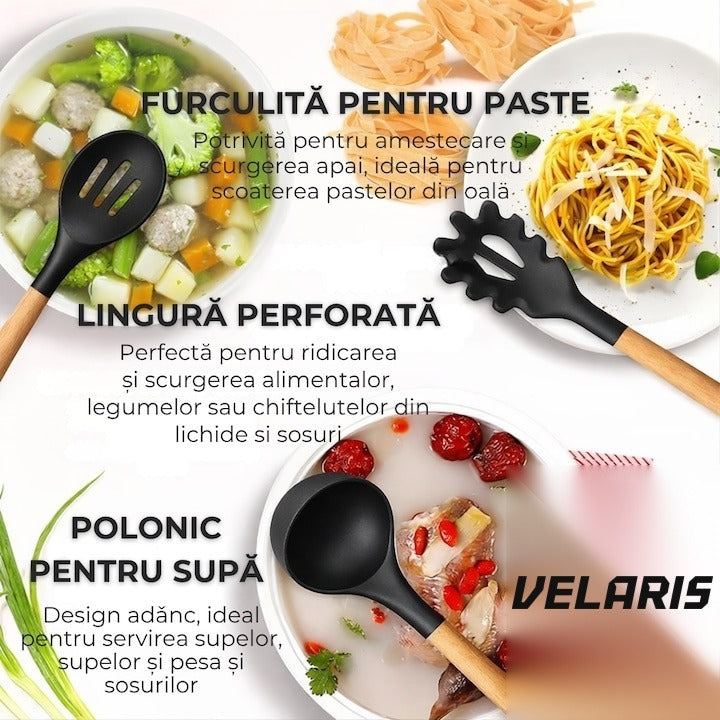 Set 19 ustensile de bucătărie silicon termorezistent și bambus, cuțite inox, suport organizator, Design Negru