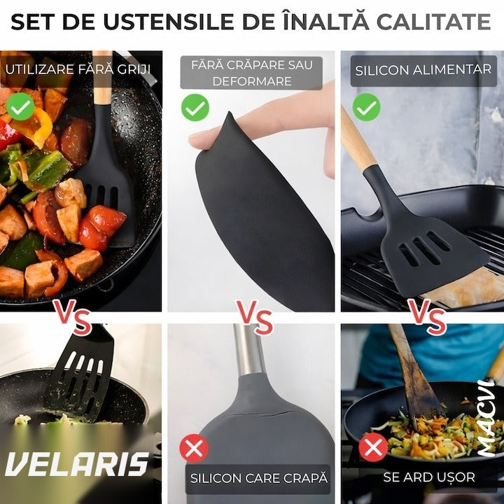 Set 19 ustensile de bucătărie silicon termorezistent și bambus, cuțite inox, suport organizator, Design Negru