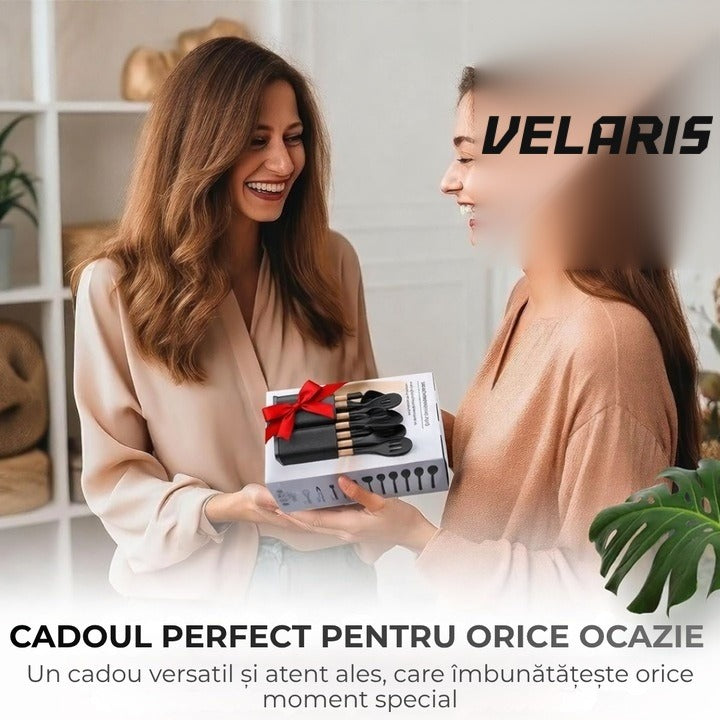 Set 19 ustensile de bucătărie silicon termorezistent și bambus, cuțite inox, suport organizator, Design Negru