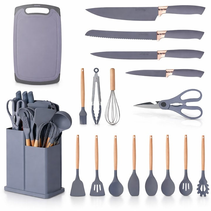 Set 19 ustensile de bucătărie silicon termorezistent și bambus, cuțite inox, suport organizator, Design Gri