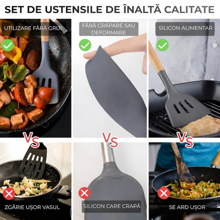 Set 19 ustensile de bucătărie silicon termorezistent și bambus, cuțite inox, suport organizator, Design Gri