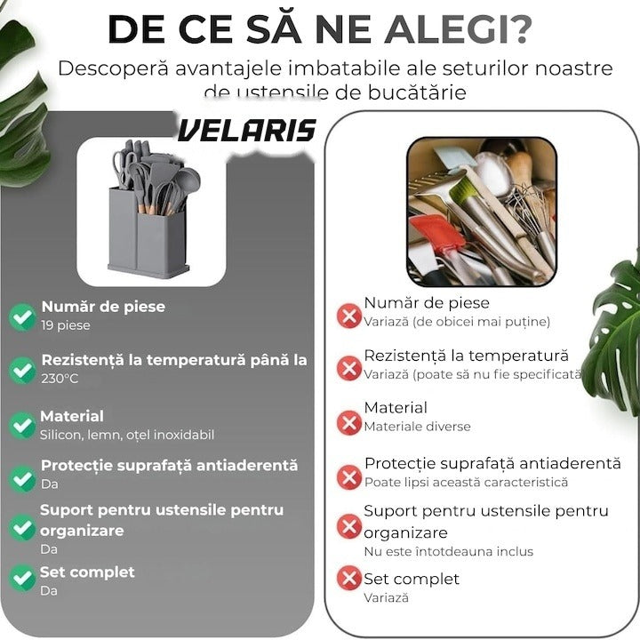 Set 19 ustensile de bucătărie silicon termorezistent și bambus, cuțite inox, suport organizator, Design Gri