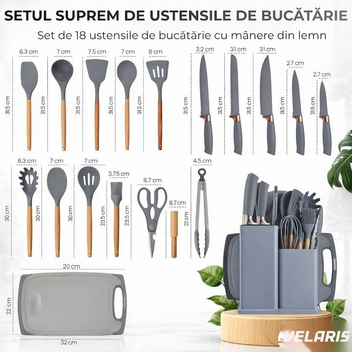 Set 19 ustensile de bucătărie silicon termorezistent și bambus, cuțite inox, suport organizator, Design Gri