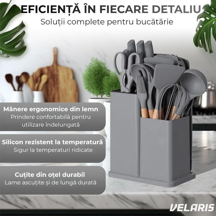 Set 19 ustensile de bucătărie silicon termorezistent și bambus, cuțite inox, suport organizator, Design Gri