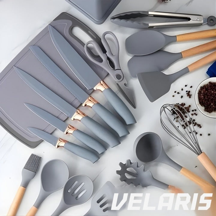 Set 19 ustensile de bucătărie silicon termorezistent și bambus, cuțite inox, suport organizator, Design Gri