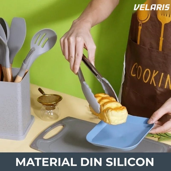 Set 19 ustensile de bucătărie silicon termorezistent și bambus, cuțite inox, suport organizator, Design Gri