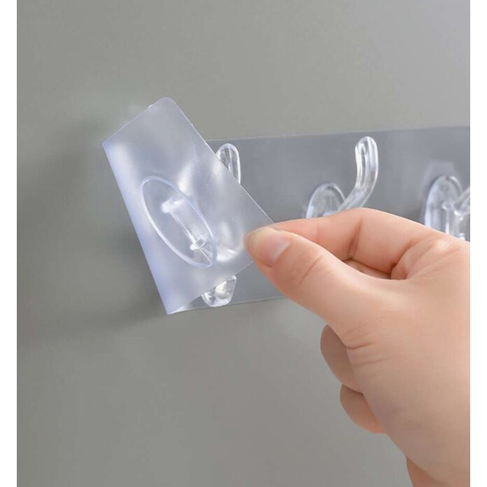 Suport pentru Perete, 6 Carlige Adeziv Transparent, Plastic