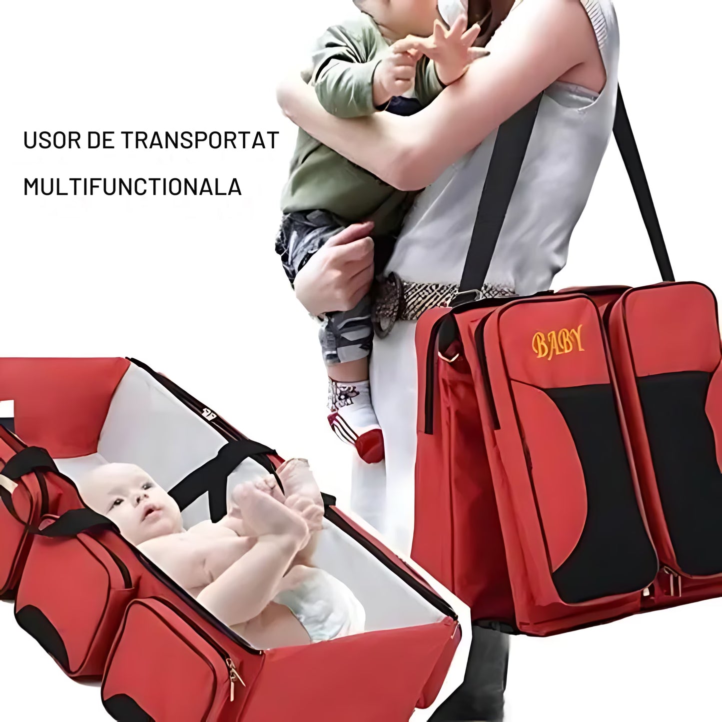 Geantă mamă 2 în 1 tip cărucior, pat bebe, impermeabilă, multicompartimentată, roșie