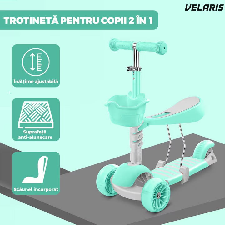Trotineta 2 în 1 cu scaun, 3 roți, coș, frână, 3-11 ani, turcoaz