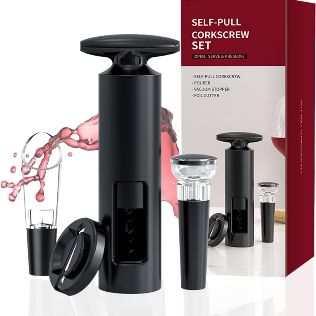Set deschizător vin 2-în-1, tirbuson profesional cu aerator și dop vid, design ergonomic, argintiu