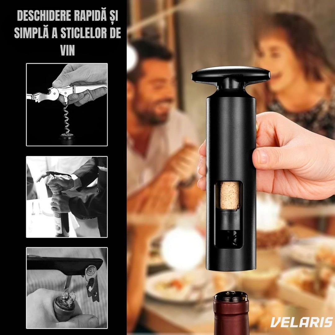 Set deschizător vin 2-în-1, tirbuson profesional cu aerator și dop vid, design ergonomic, argintiu
