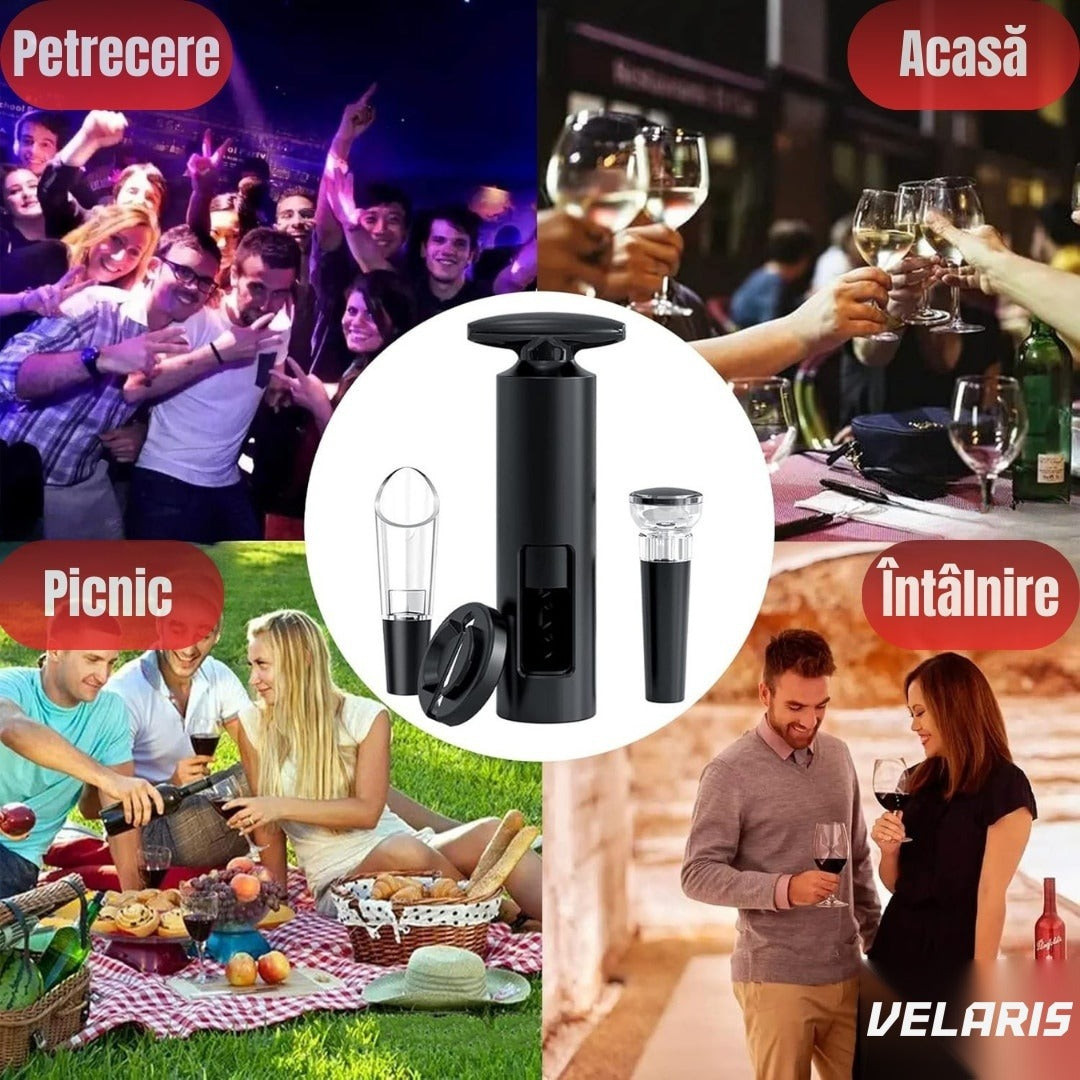Set deschizător vin 2-în-1, tirbuson profesional cu aerator și dop vid, design ergonomic, argintiu
