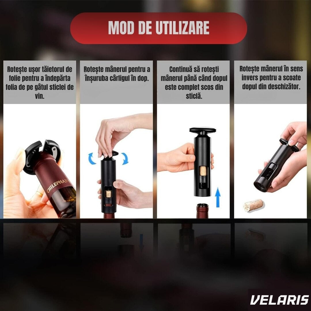 Set deschizător vin 2-în-1, tirbuson profesional cu aerator și dop vid, design ergonomic, argintiu