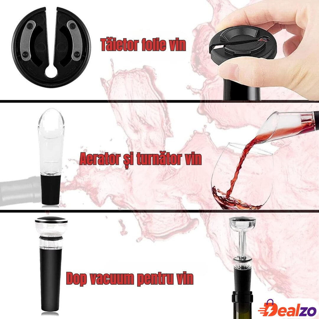 Set deschizător vin 2-în-1, tirbuson profesional cu aerator și dop vid, design ergonomic, argintiu