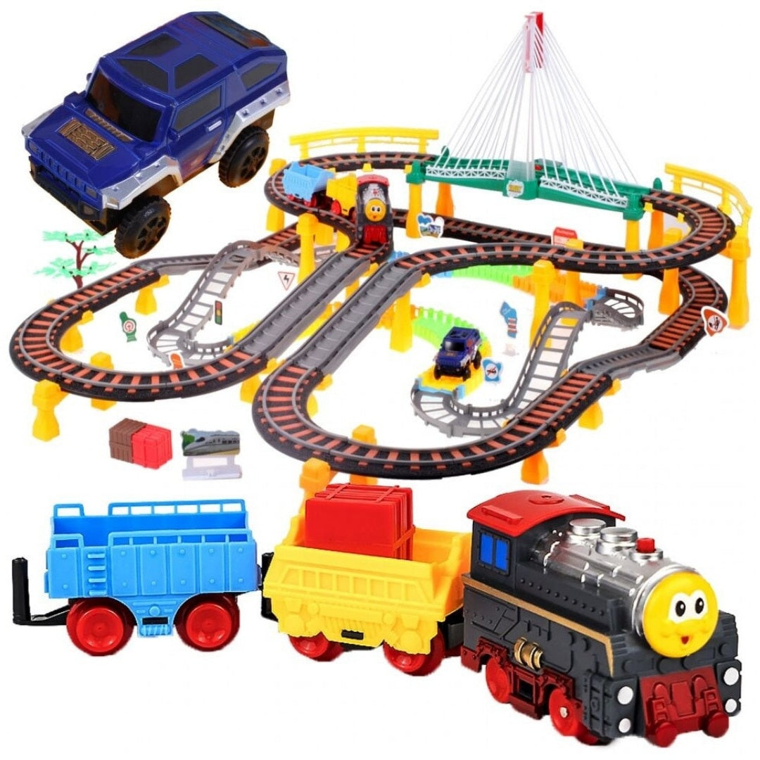 Circuit 2 în 1 XXL 140 piese, 86x74 cm, cu tren electric, mașinuță și pod luminos, multicolor
