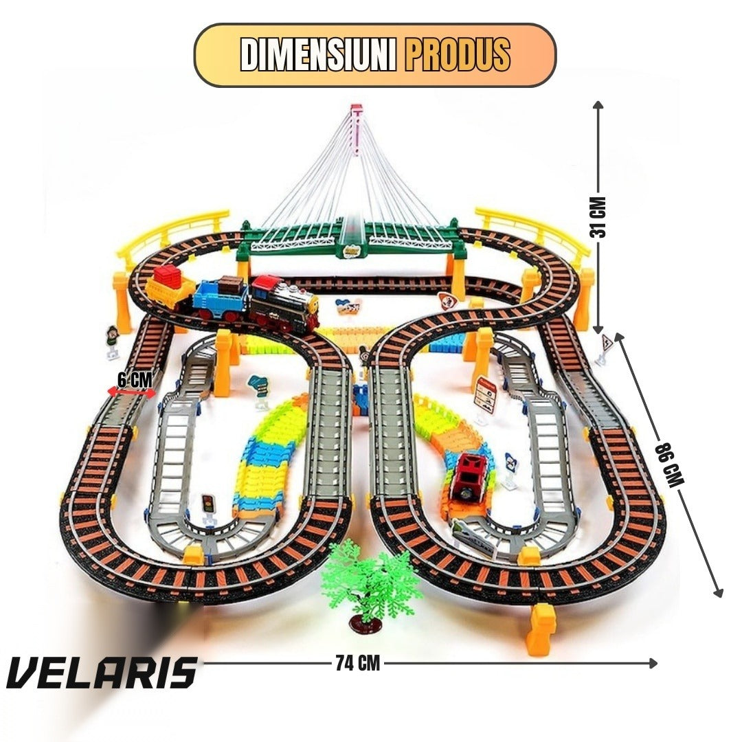 Circuit 2 în 1 XXL 140 piese, 86x74 cm, cu tren electric, mașinuță și pod luminos, multicolor