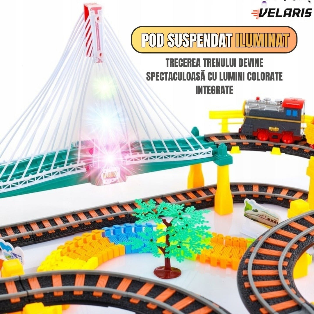 Circuit 2 în 1 XXL 140 piese, 86x74 cm, cu tren electric, mașinuță și pod luminos, multicolor