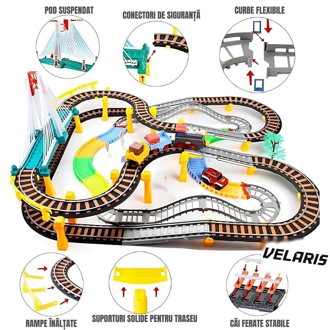 Circuit 2 în 1 XXL 140 piese, 86x74 cm, cu tren electric, mașinuță și pod luminos, multicolor