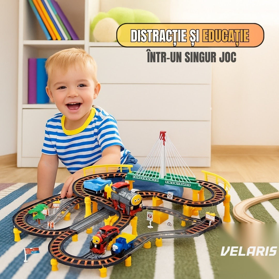Circuit 2 în 1 XXL 140 piese, 86x74 cm, cu tren electric, mașinuță și pod luminos, multicolor