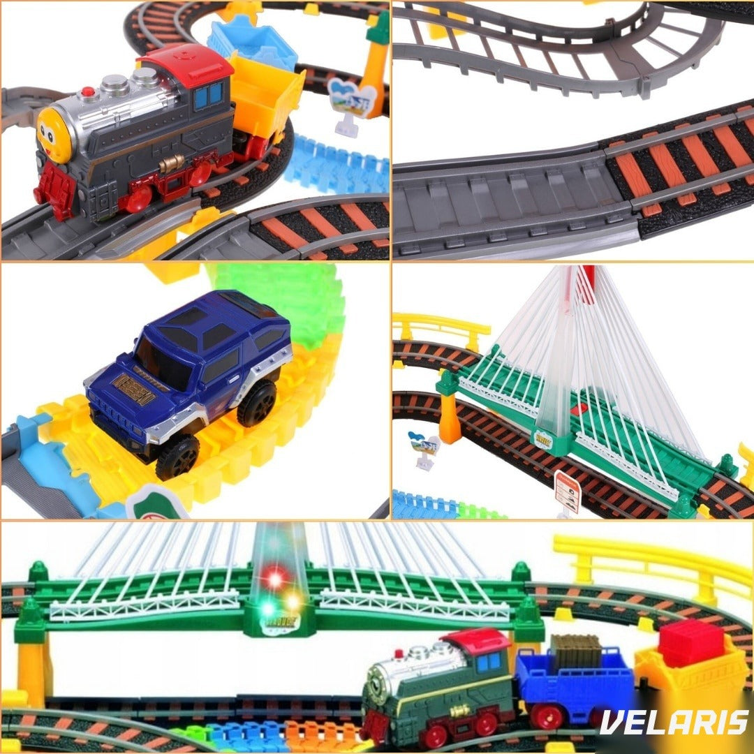 Circuit 2 în 1 XXL 140 piese, 86x74 cm, cu tren electric, mașinuță și pod luminos, multicolor