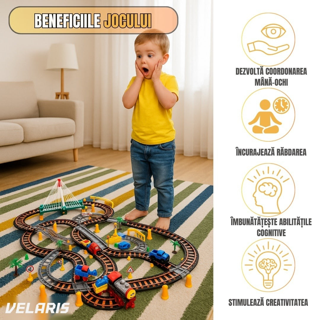 Circuit 2 în 1 XXL 140 piese, 86x74 cm, cu tren electric, mașinuță și pod luminos, multicolor